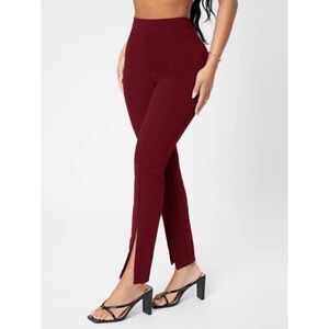 Burgundy High Waist Skinny Cropped Split Pants XSP